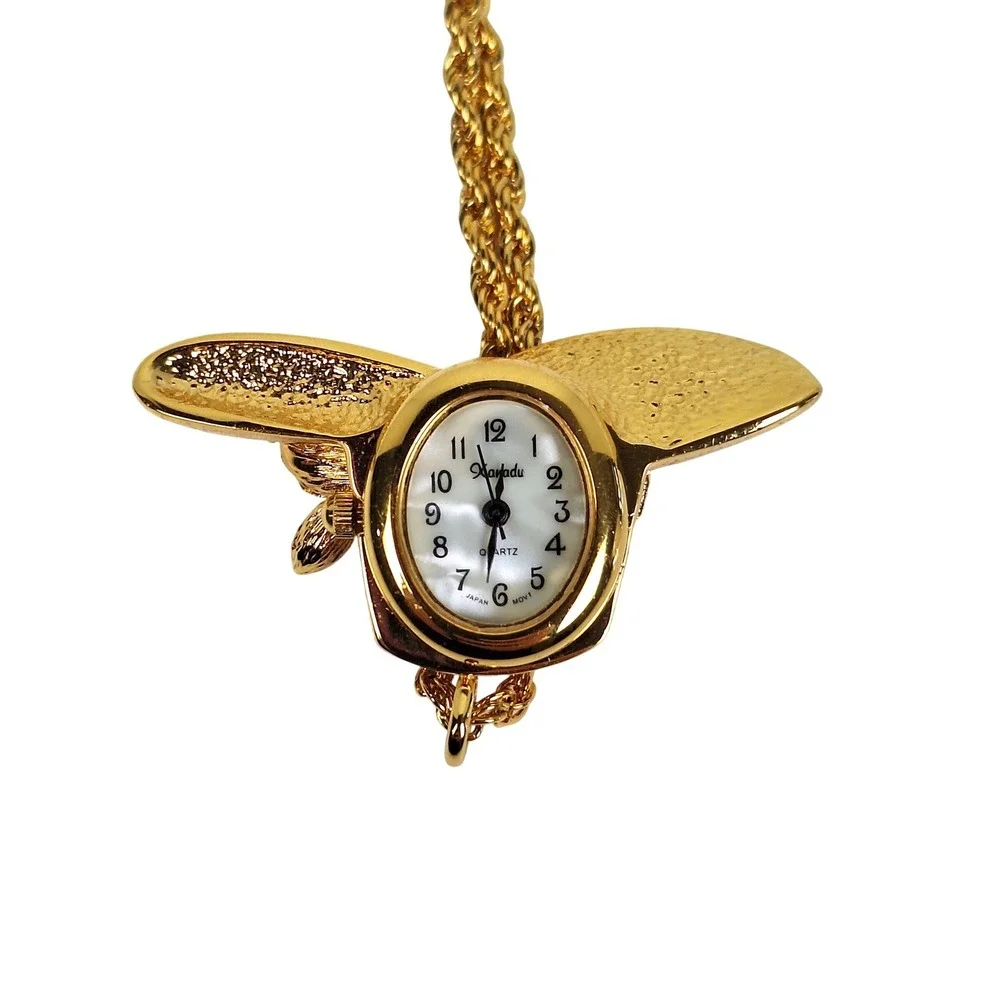 Xanadu Red Rhinestone Sun Hat Pendant Watch Gold Tone Rope Chain Vintage Novelty